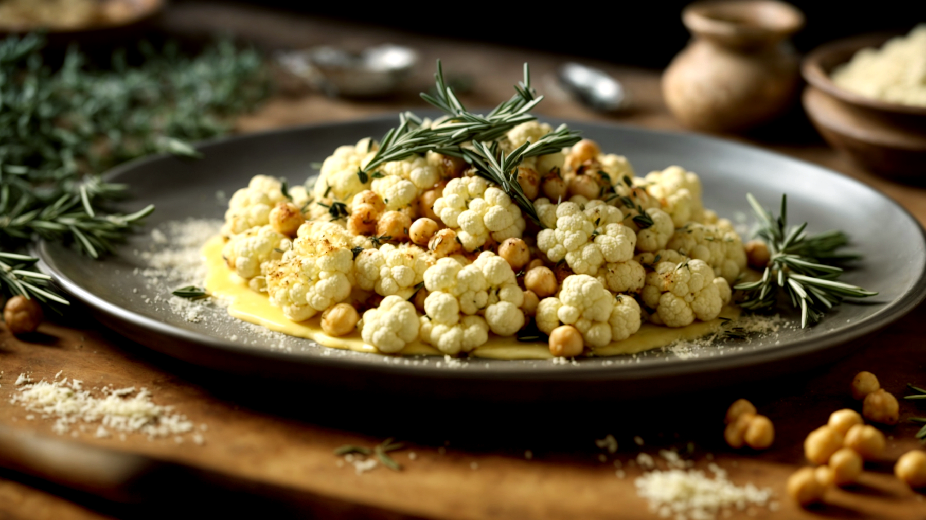 Teglia di cibo cavolfiore pecorino toscano rosmarino"